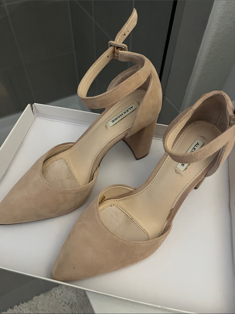 Alex Marie Nude/Tan Suede Pointed-Toe Ankle-Strap Heels
